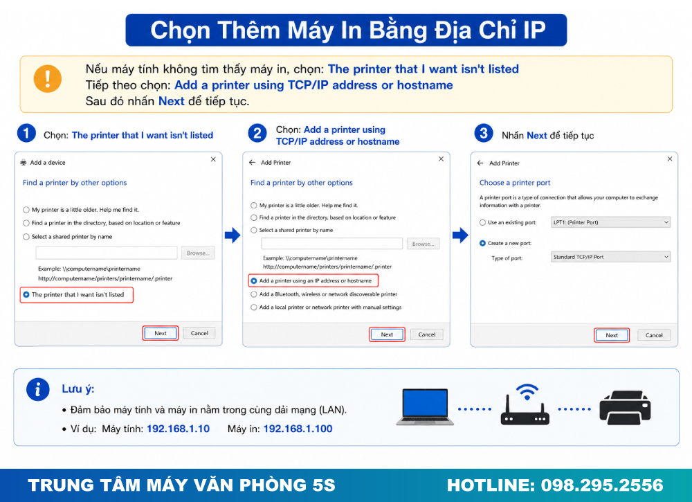 Chọn Thêm Máy In Bằng Địa Chỉ IP